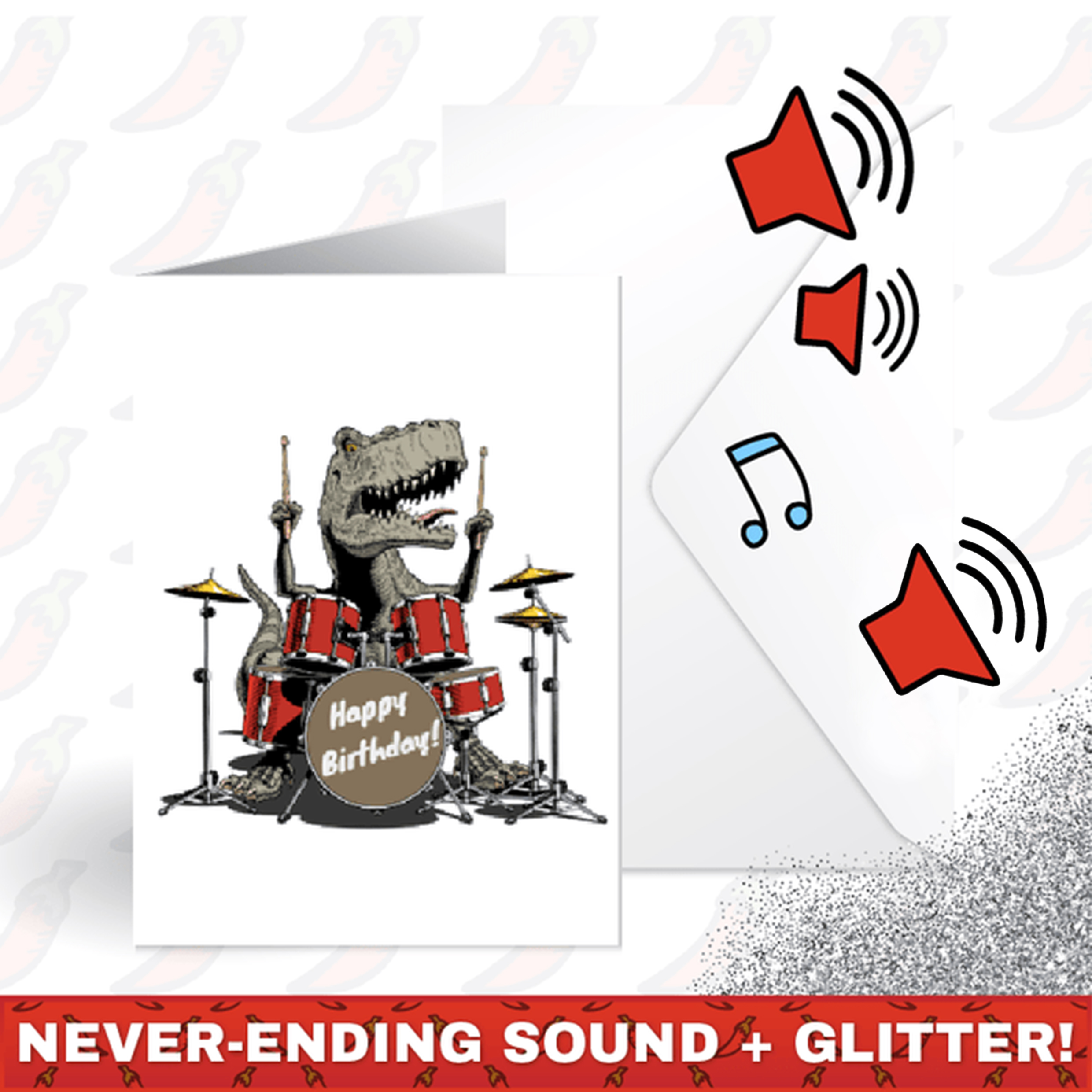 DINO ROCK BIRTHDAY 🦖🤘🔊 - JOKER GREETING PRANK CARD (GLITTER + SOUND)