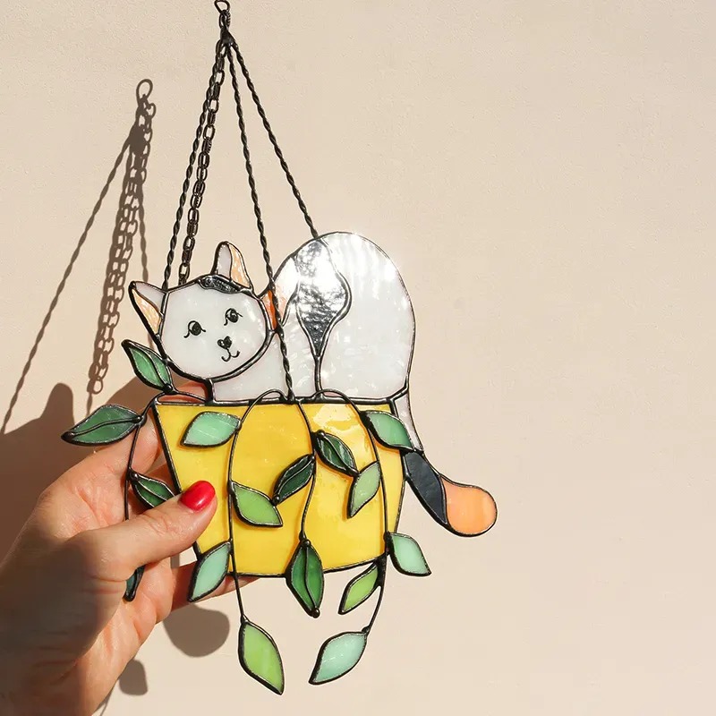 Cat in a flowerpot Suncatcher Stained Glass Window Hangins😽