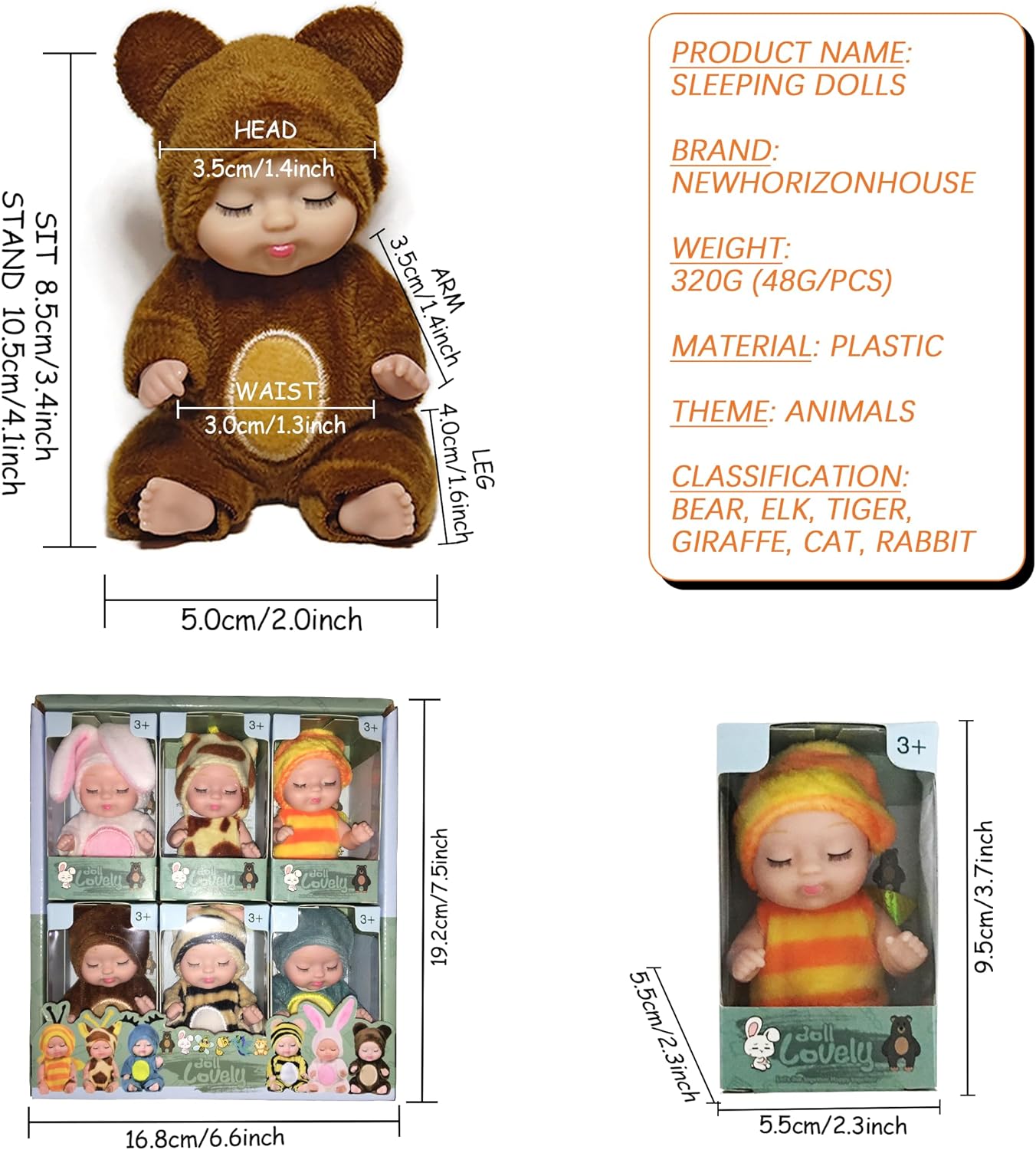 🐣Easter Egg Fillers: 6-Pc Mini Reborn Baby Doll Set | 4.3" Lifelike Realistic Sleeping Babies in Animal Outfits