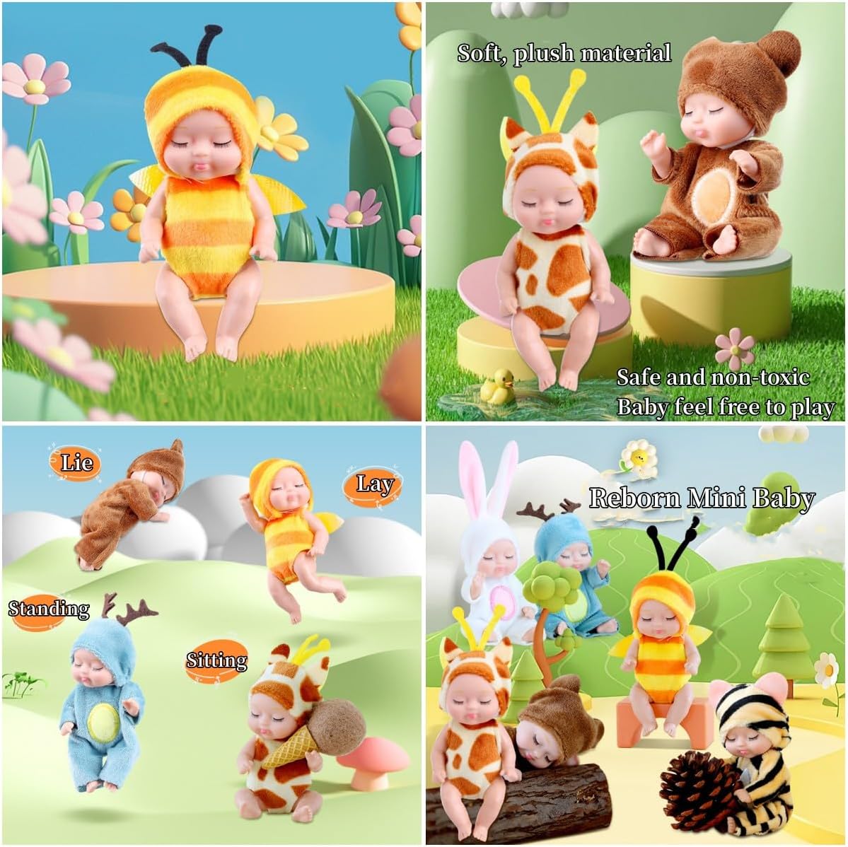 🐣Easter Egg Fillers: 6-Pc Mini Reborn Baby Doll Set | 4.3" Lifelike Realistic Sleeping Babies in Animal Outfits