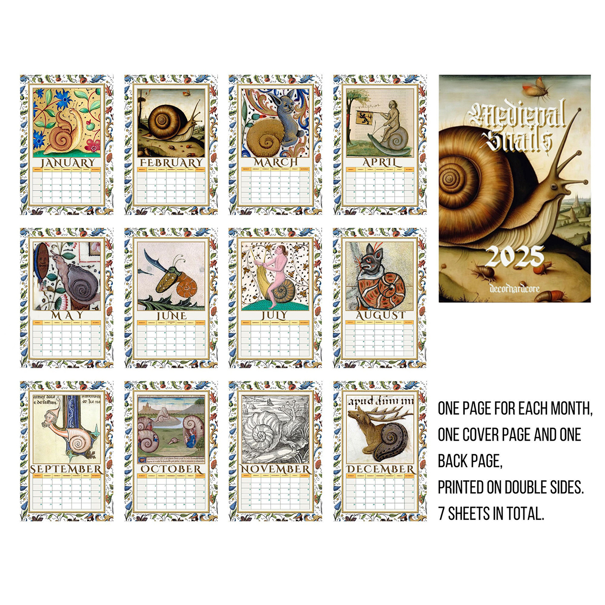 🐌2025 Medieval Snails Wall Calendar 