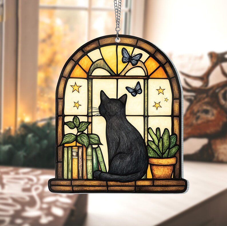 Black Cat And Book Suncatcher Ornament