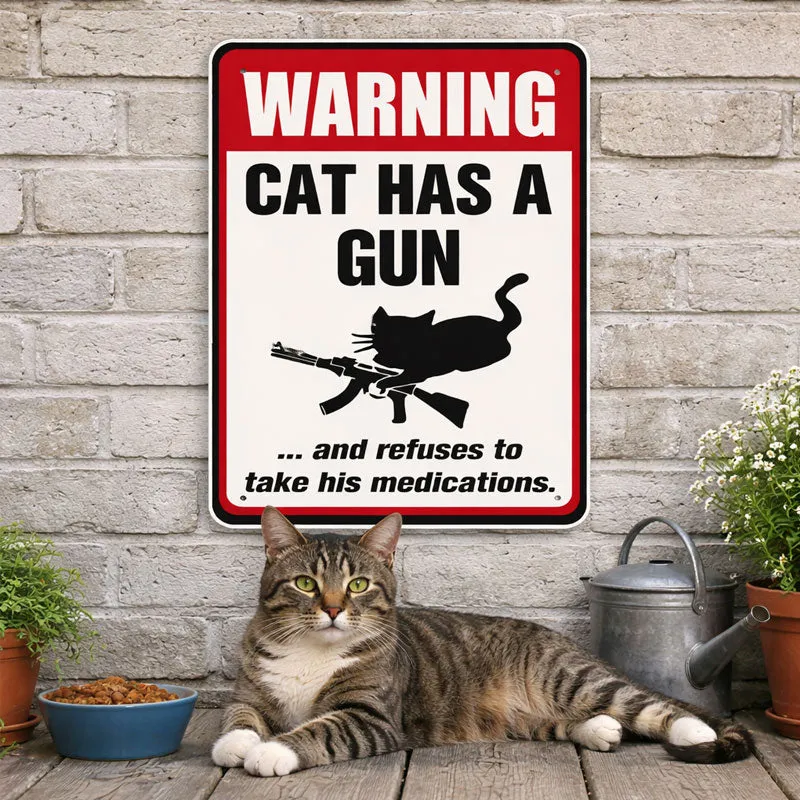 😂Funny "Cat & Dog Has a Gun & Won't Take Meds" Aluminum Sign
