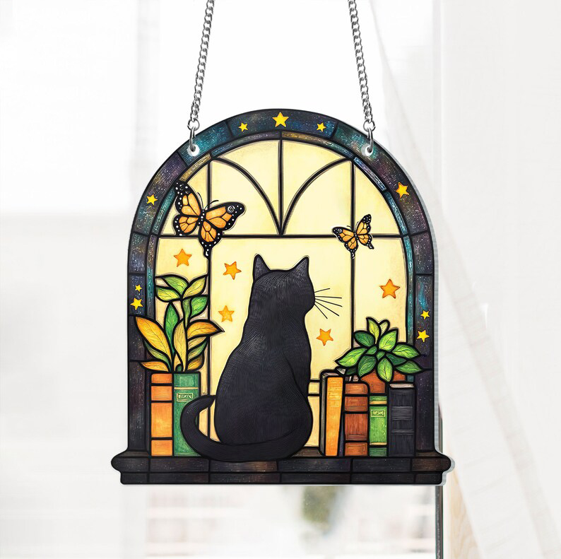 Black Cat And Book Suncatcher Ornament