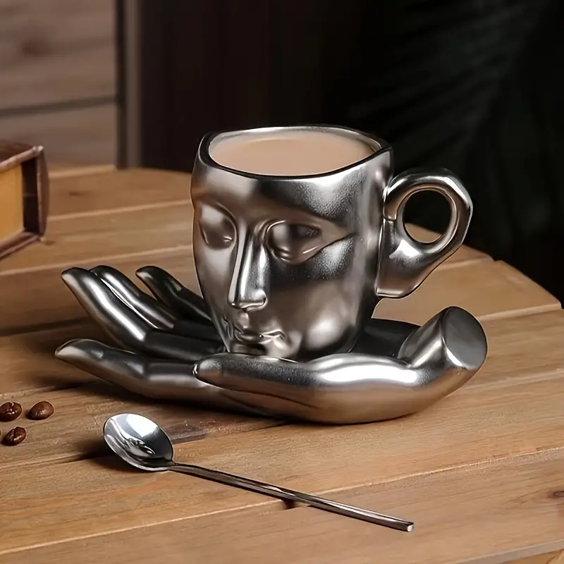 Ceramic Face Coffee Cup with Dish and Spoon
