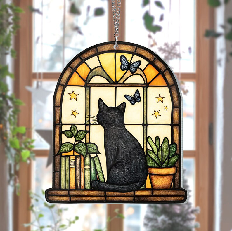 Black Cat And Book Suncatcher Ornament