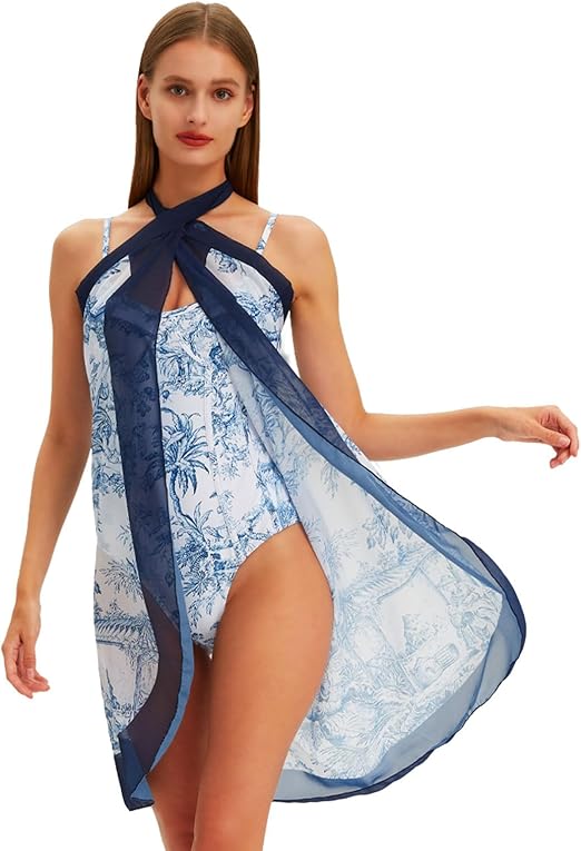 Women's Plants Print Contrast Mesh Swimsuit Set