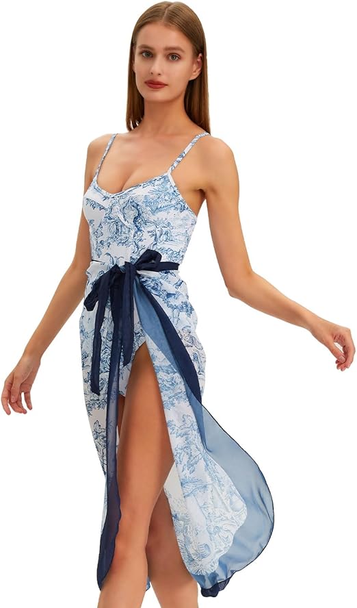 Women's Plants Print Contrast Mesh Swimsuit Set