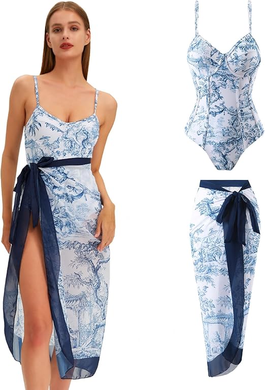 Women's Plants Print Contrast Mesh Swimsuit Set