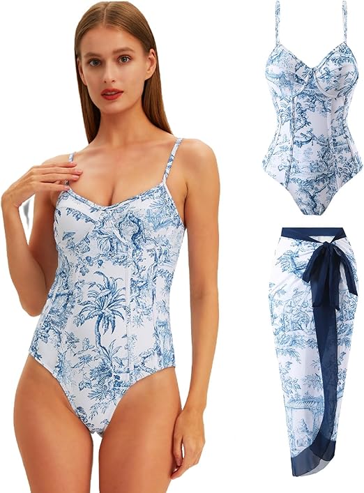 Women's Plants Print Contrast Mesh Swimsuit Set
