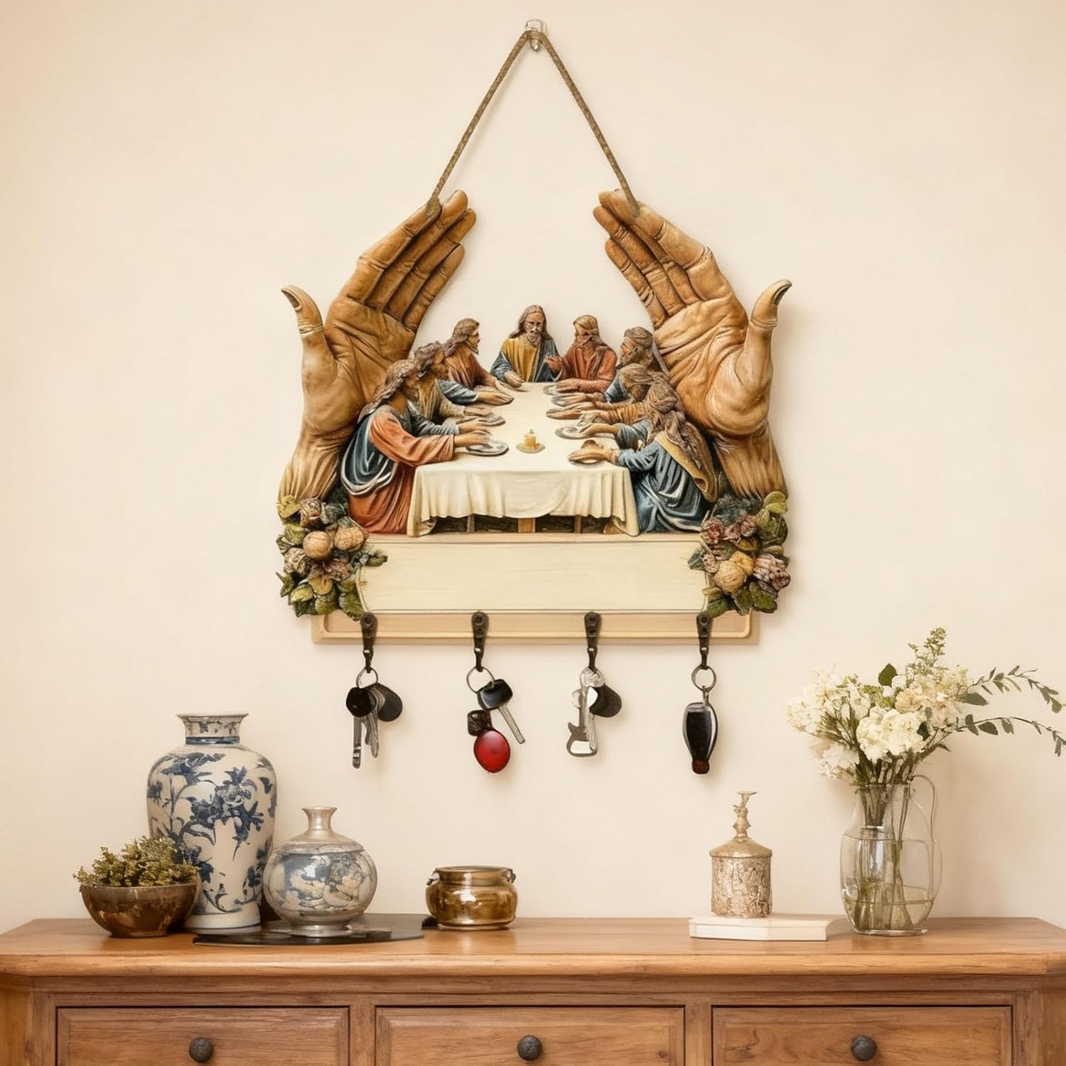 The Last Supper Wall Hanging Key Rack | Christian Entryway Decor with Hooks