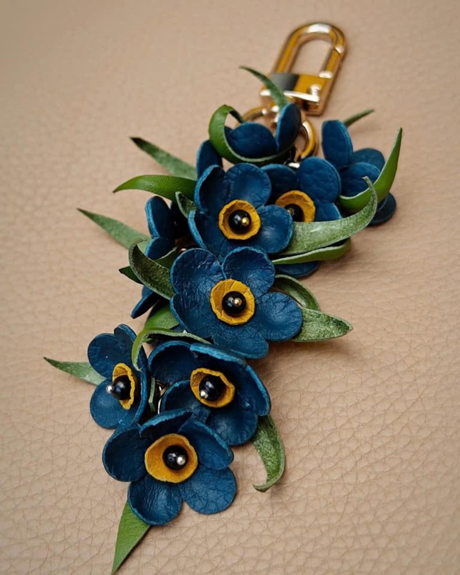 Handmade Leather Forget Me Not Keychain