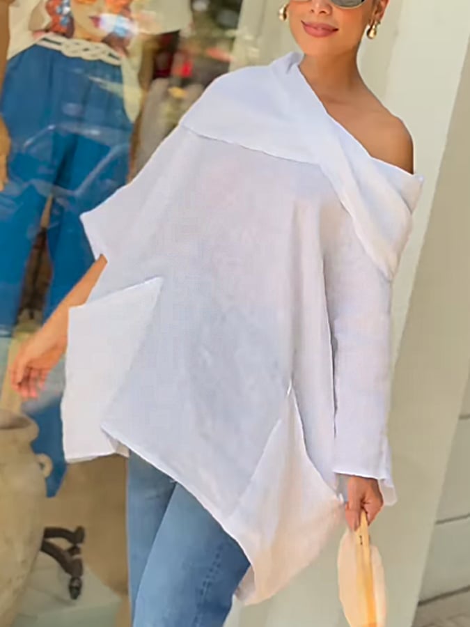 Women's Casual Solid Color Long Sleeve Cotton and Linen Top