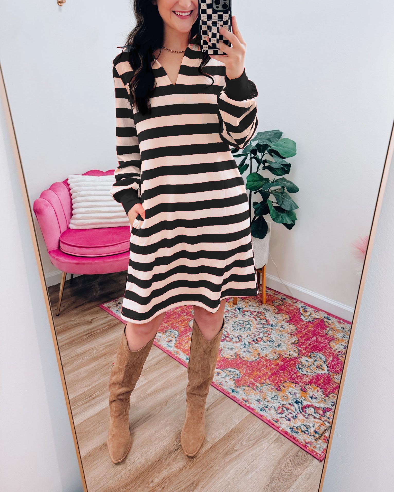 Casual Striped V-Neck Long Sleeve Loose Dress With Pockets (Buy 2 Free Shipping)