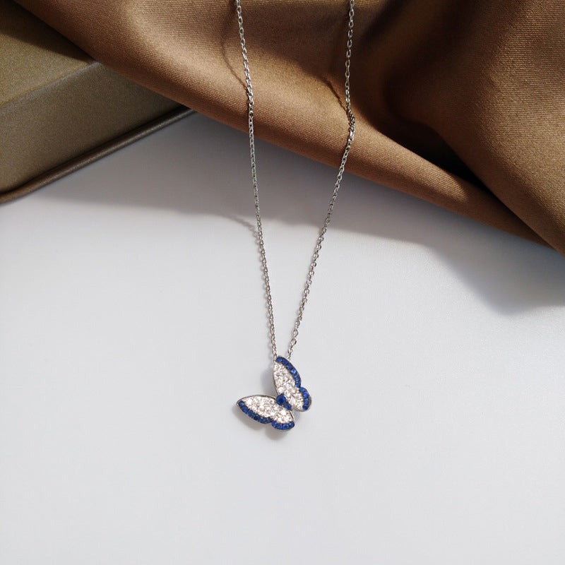 Butterfly Design Round Cut Blue Pendant Necklace