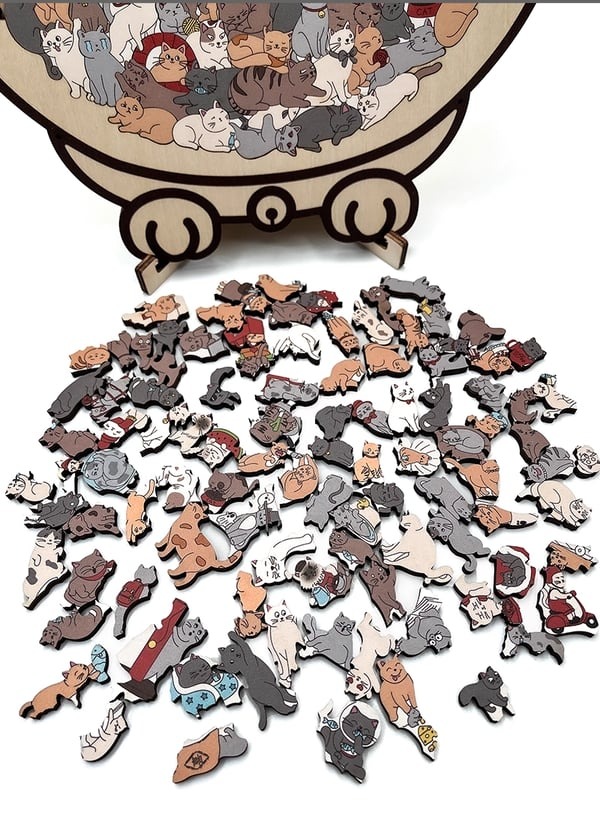 135-Piece Morandi-Colored Cat Shaped Wooden Jigsaw Puzzle