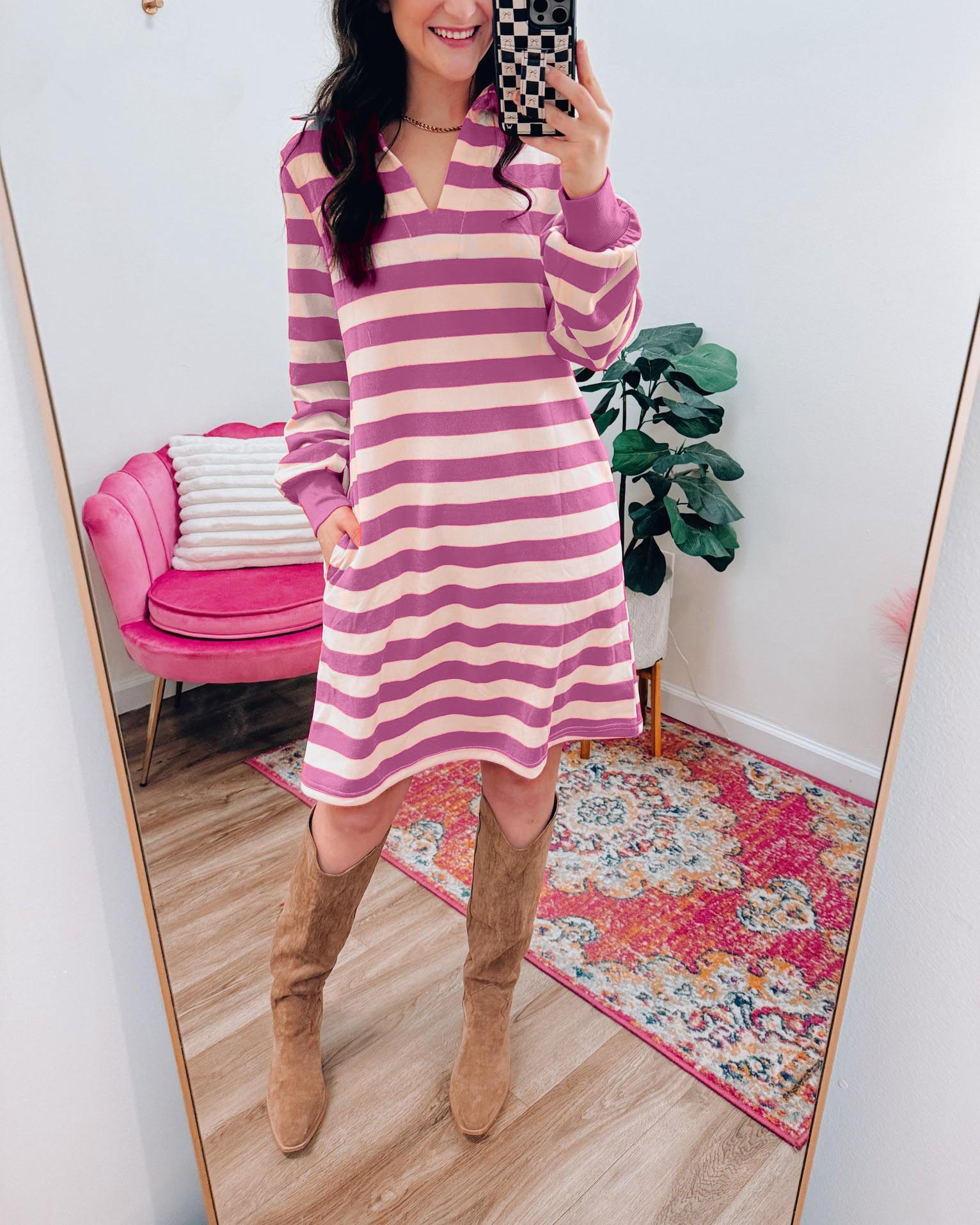 Casual Striped V-Neck Long Sleeve Loose Dress With Pockets (Buy 2 Free Shipping)