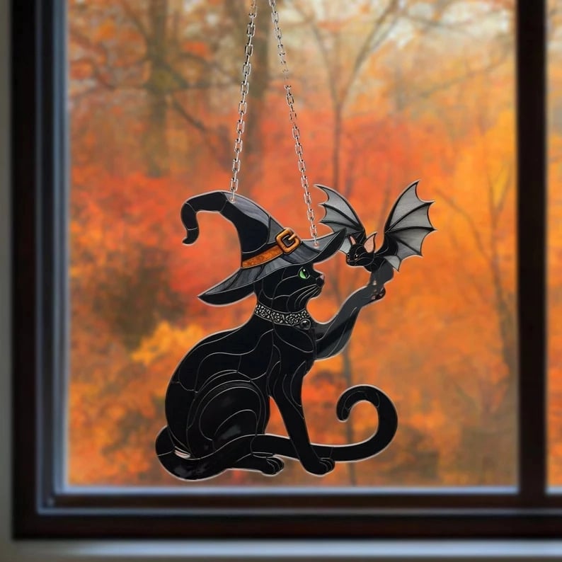 Fall Black Cat Touching Bat Window Hanging