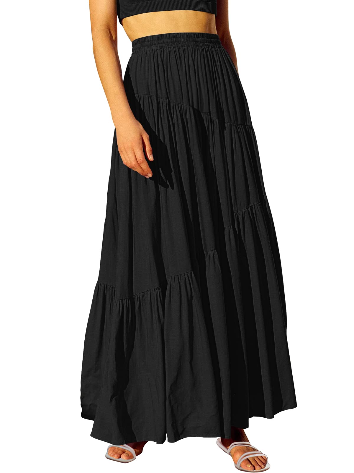 WOMEN’S ELASTIC HIGH WAIST FLOWY SWING TIERED LONG SKIRT DRESS WITH POCKETS(BUY 2 FREE SHIPPING)