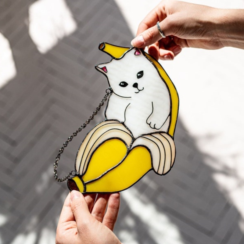 🍌Handmade-🐱Cat in Banana Stained Glass Suncather