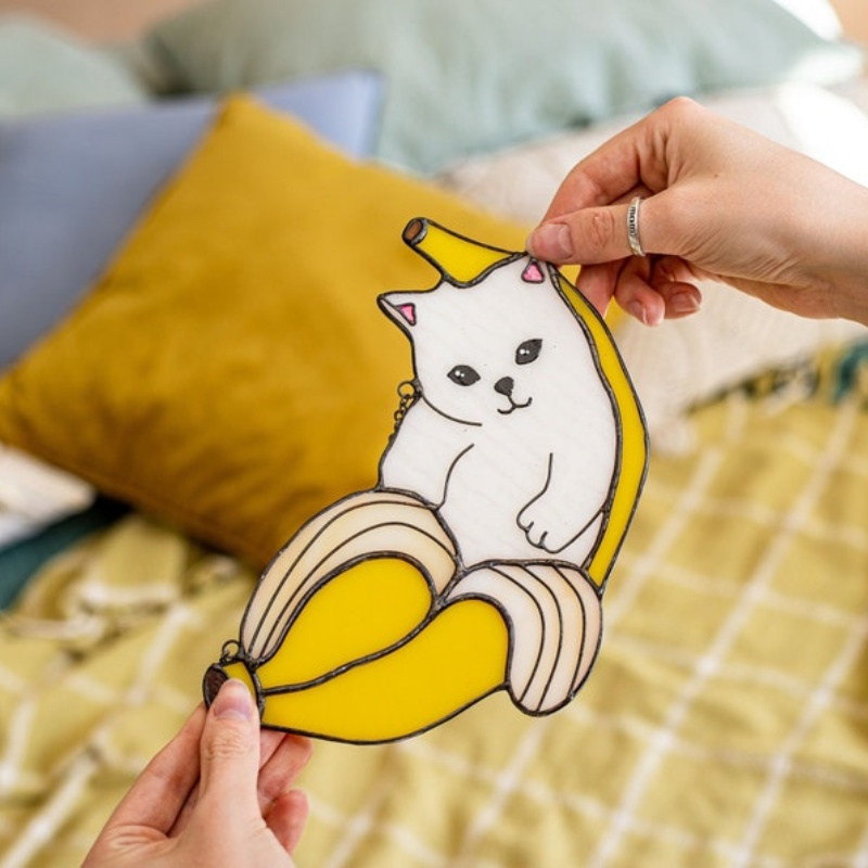 🍌Handmade-🐱Cat in Banana Stained Glass Suncather