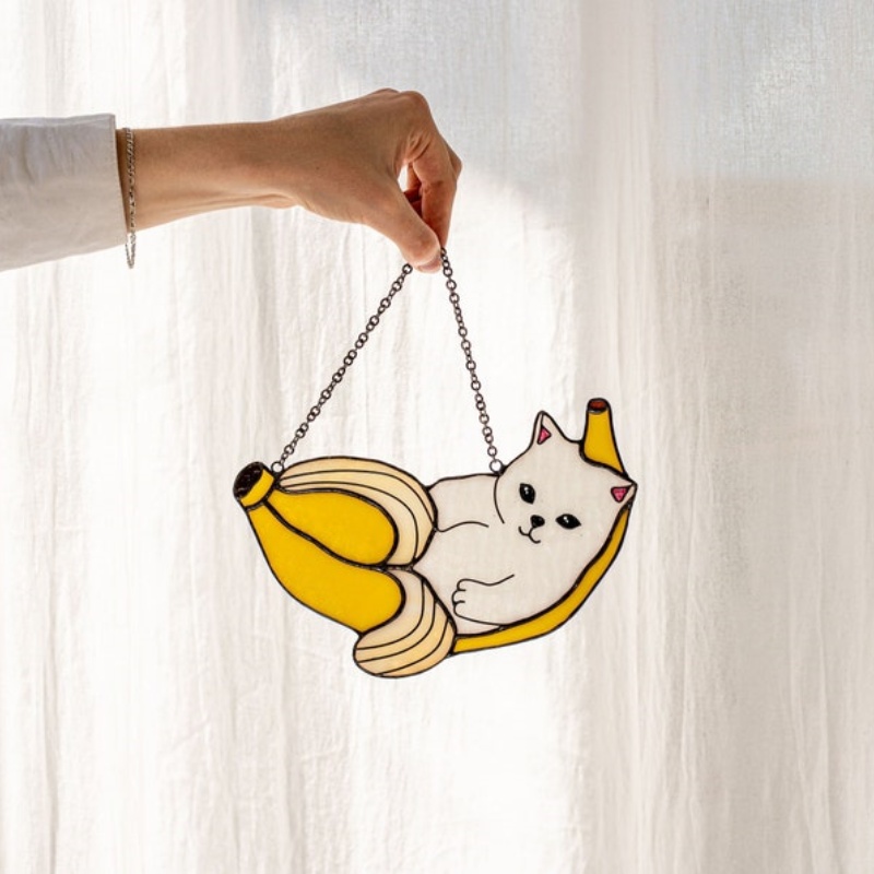 🍌Handmade-🐱Cat in Banana Stained Glass Suncather