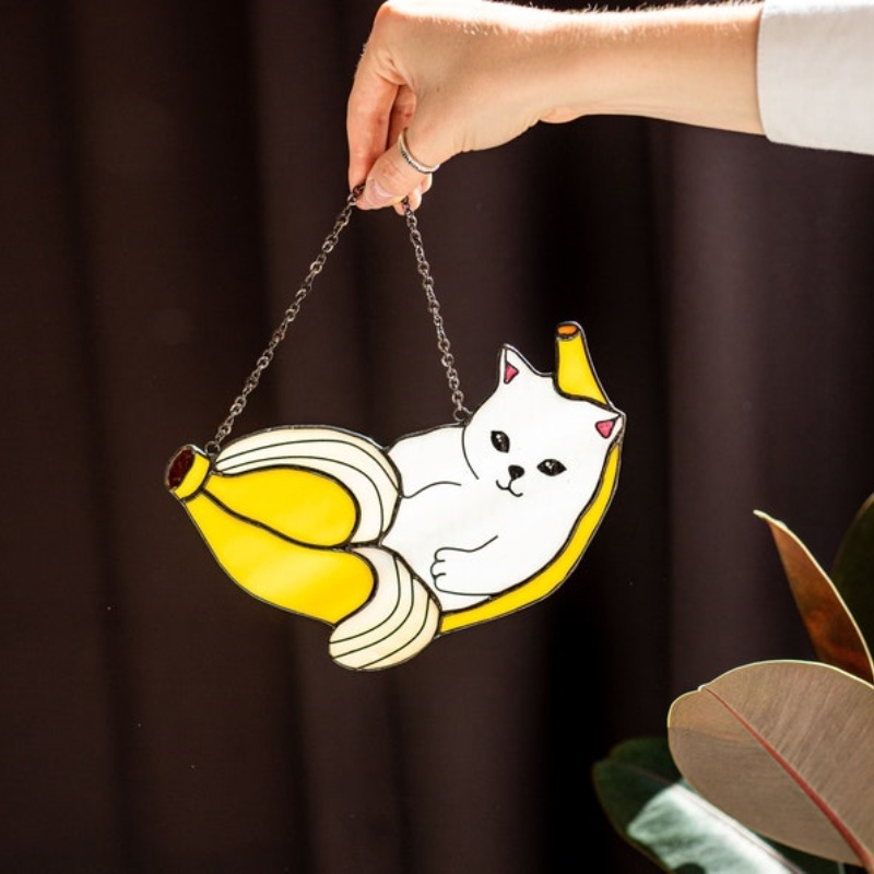 🍌Handmade-🐱Cat in Banana Stained Glass Suncather