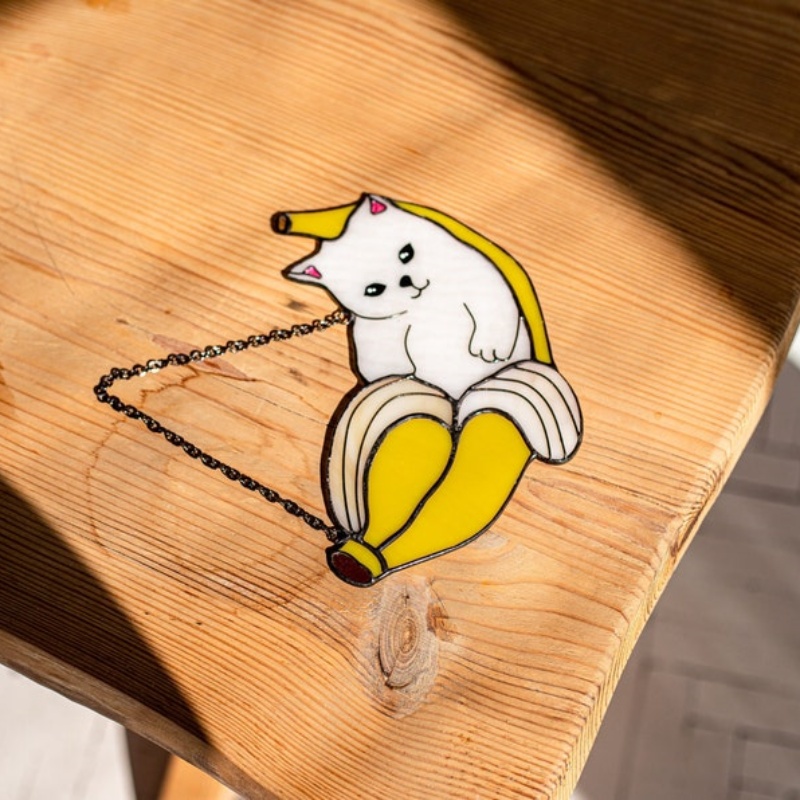 🍌Handmade-🐱Cat in Banana Stained Glass Suncather