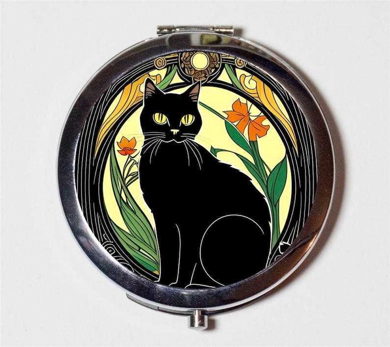 😼Art Nouveau Black Cat Compact Mirror