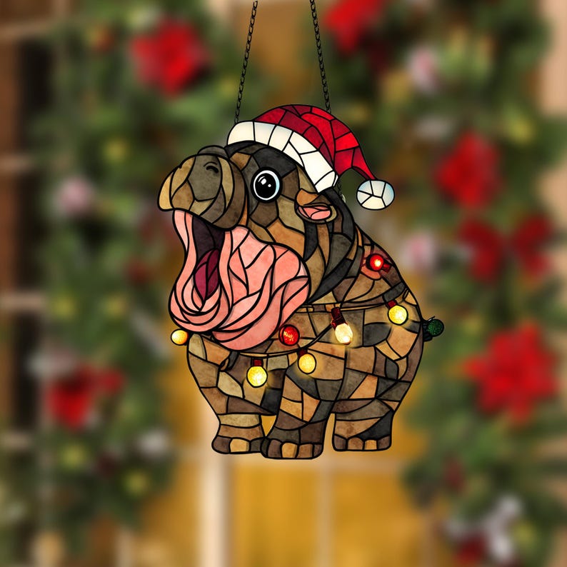 Cute Hippo Moo Deng Window Hanging Christmas Ornament
