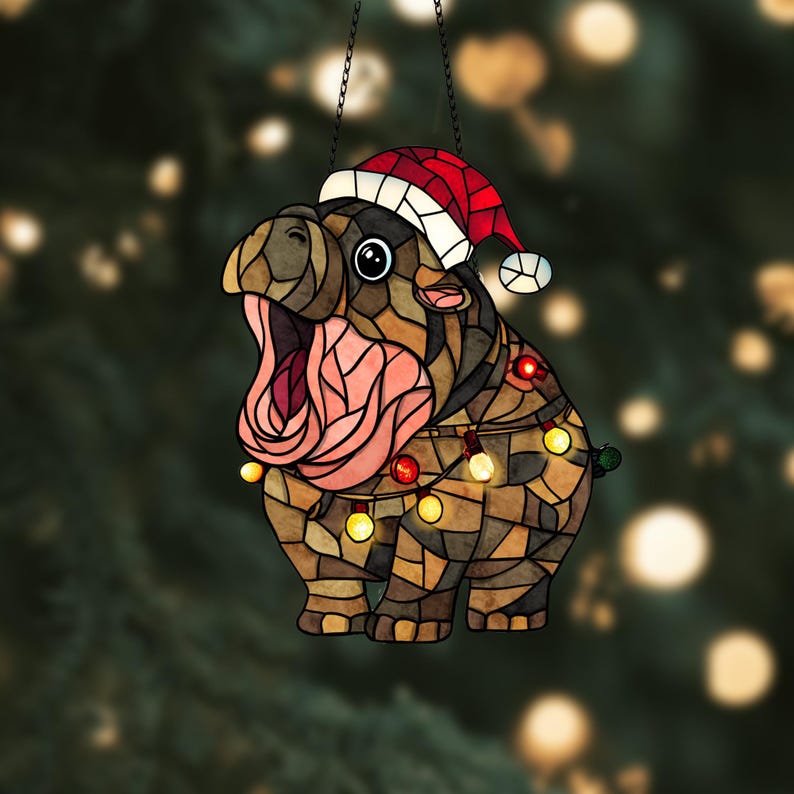 Cute Hippo Moo Deng Window Hanging Christmas Ornament