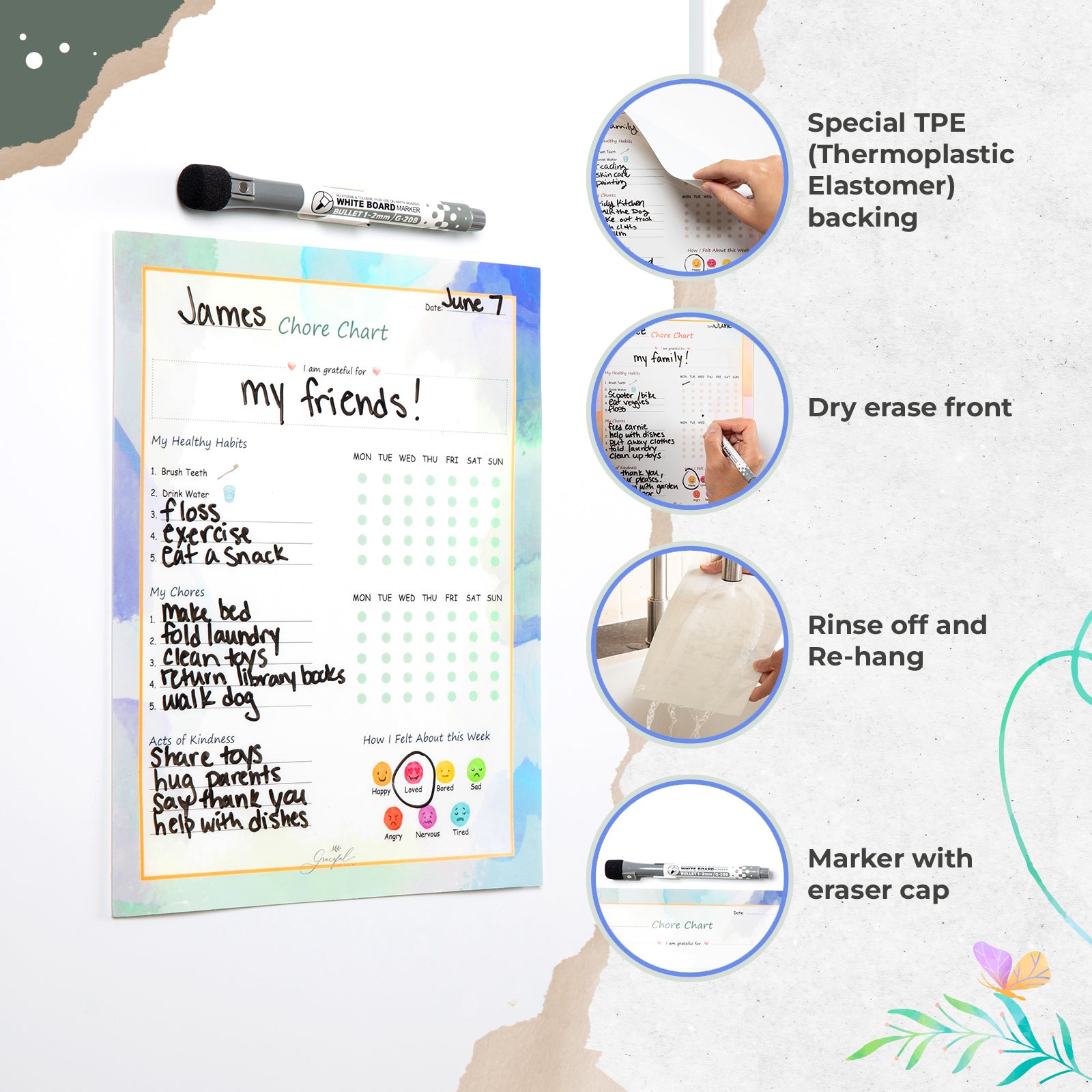 Flexible Stick Weekly Chore Chart and Emotion Tracker for Kids - For Any Flat Surface