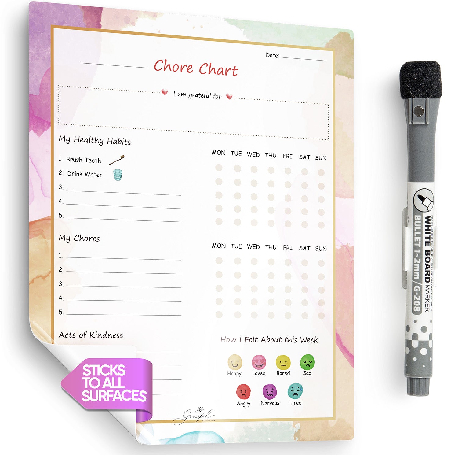 Flexible Stick Weekly Chore Chart and Emotion Tracker for Kids - For Any Flat Surface