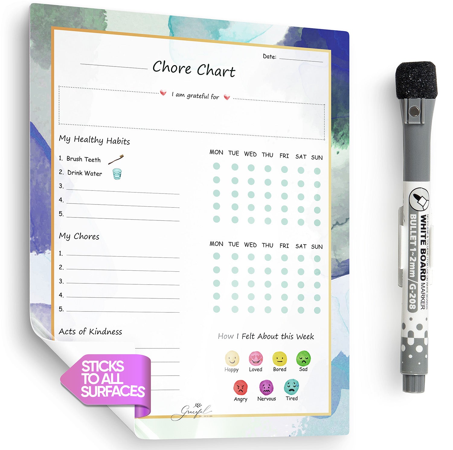 Flexible Stick Weekly Chore Chart and Emotion Tracker for Kids - For Any Flat Surface