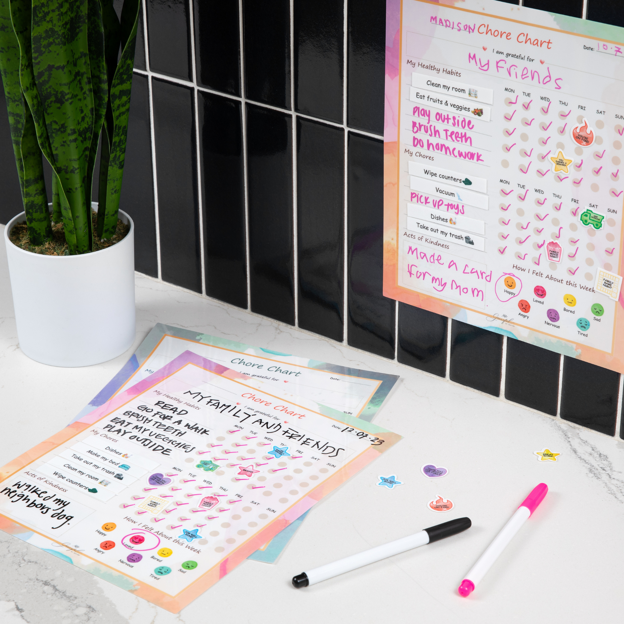 Flexible Stick Weekly Chore Chart and Emotion Tracker for Kids - For Any Flat Surface