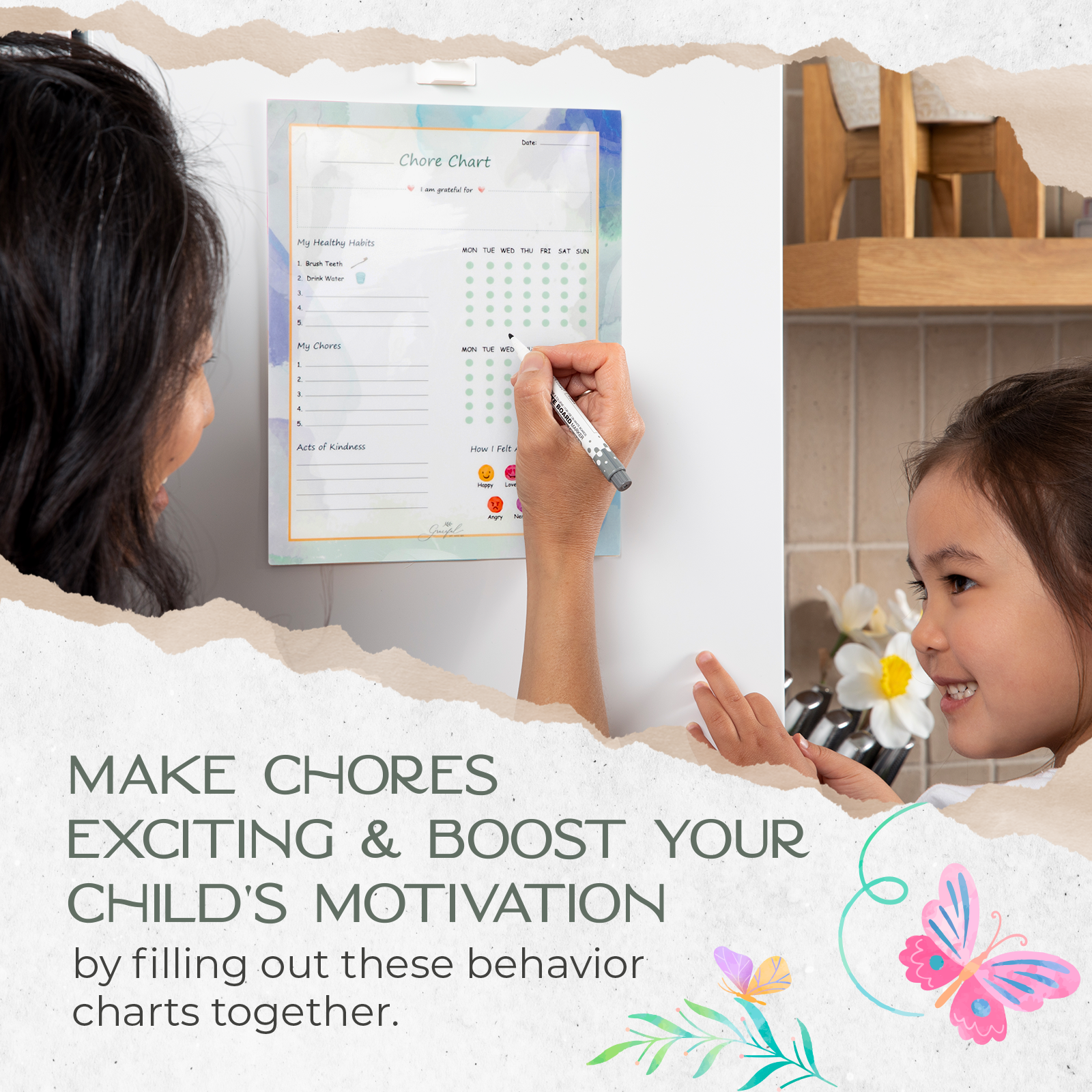 Flexible Stick Weekly Chore Chart and Emotion Tracker for Kids - For Any Flat Surface