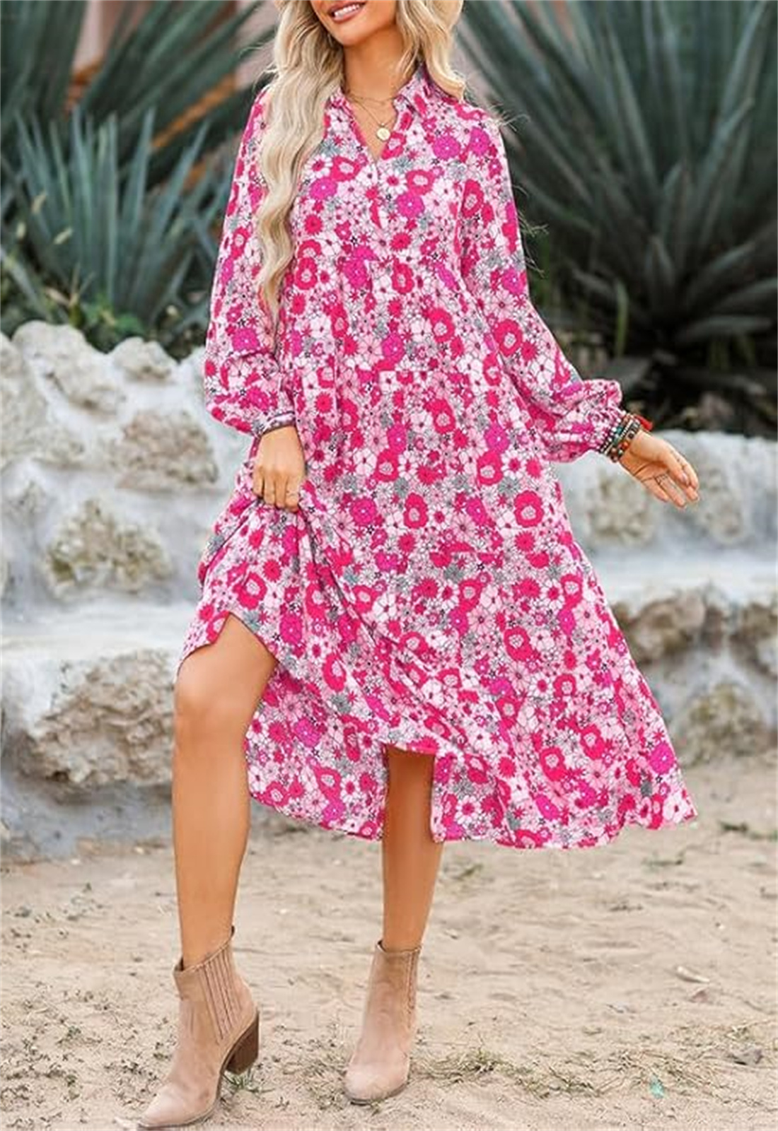 Oversized Casual V-neck Ruffle Bohemian Floral Dress With Pockets（Buy 2 Free Shipping）