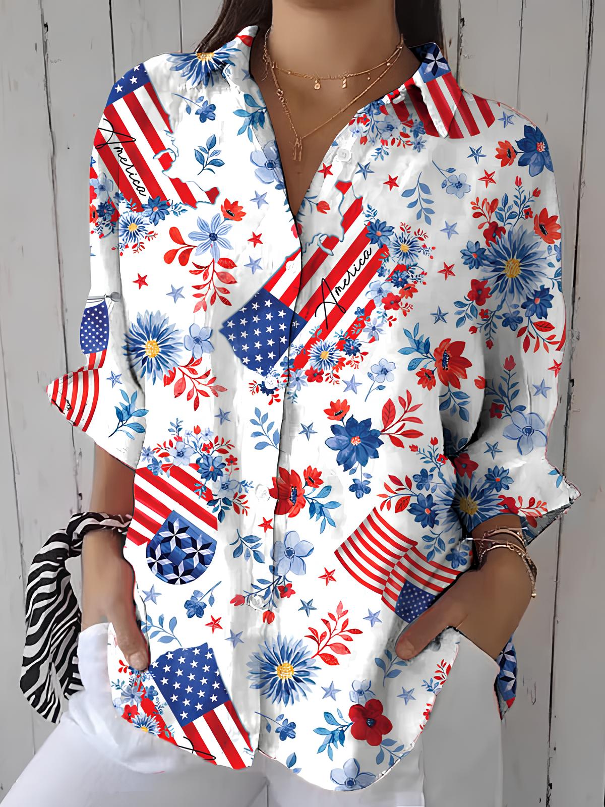 Women's Linen Independence Day Print Shirt
