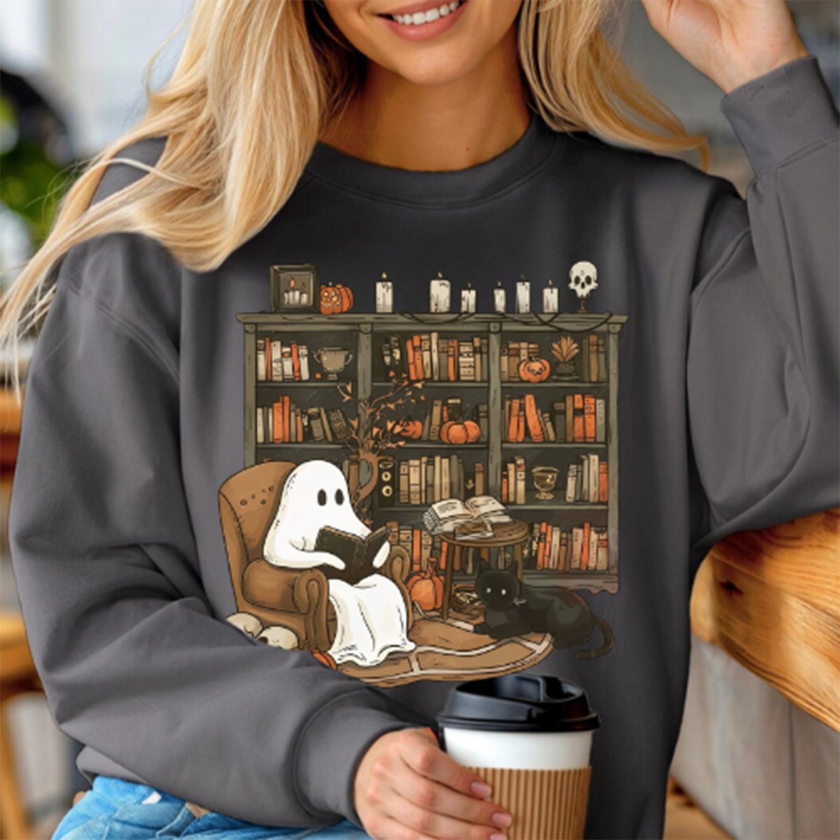 Retro Ghost Reading Books Sweatshirt 