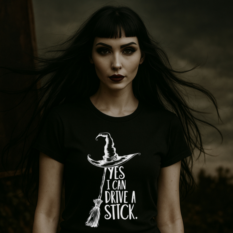 Yes I Can Drive A Stick Funny Halloween Spooky Witch T-Shirt
