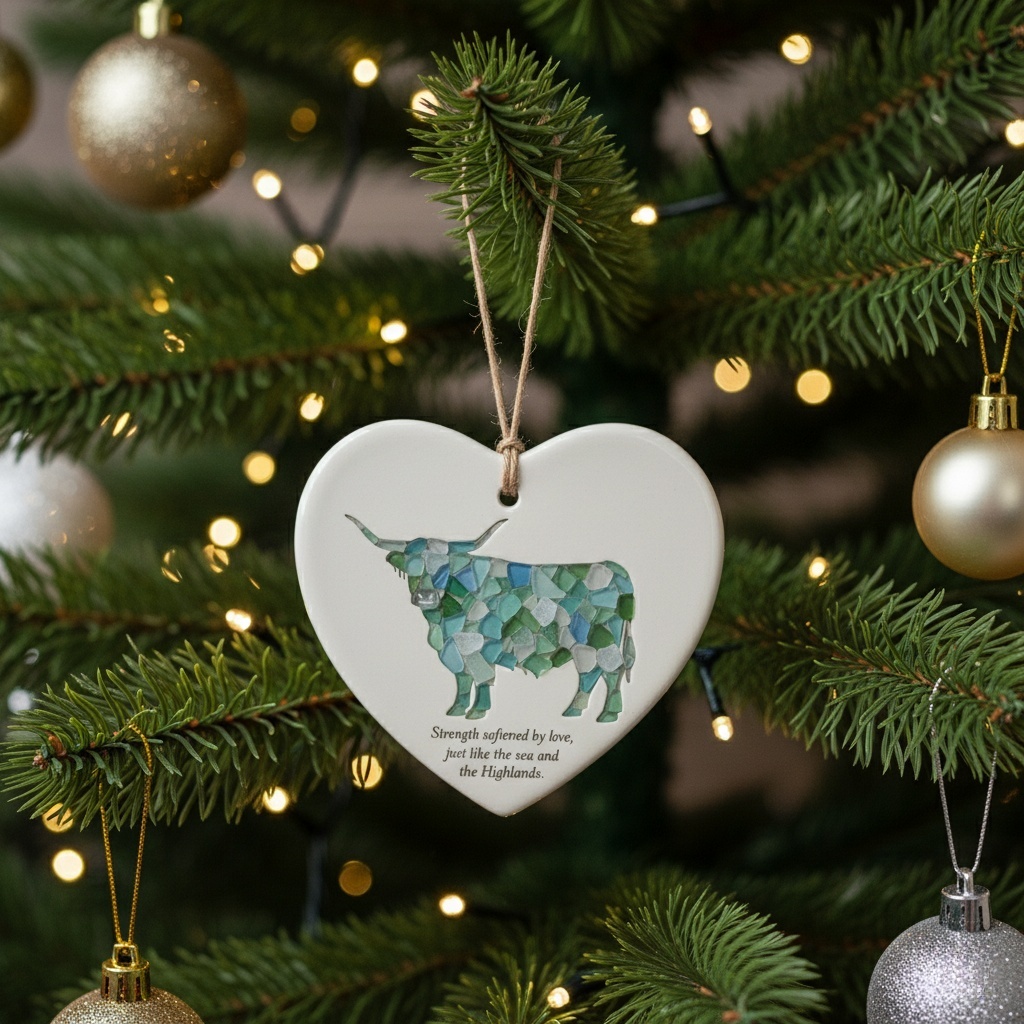 Sea Glass Highland Cow Heart Ornament