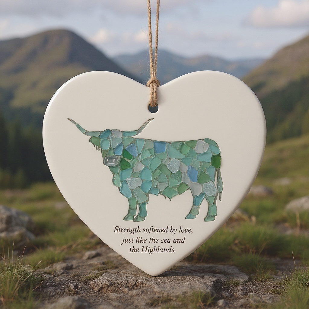 Sea Glass Highland Cow Heart Ornament
