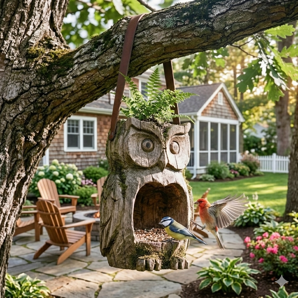 Hand-Carved Owl Bird Feeder