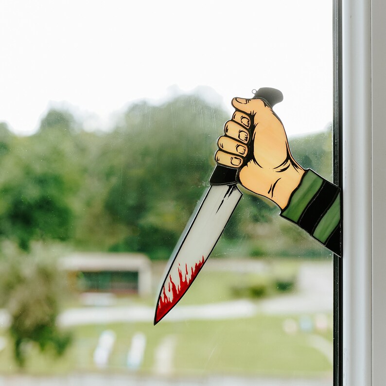 Creepy hand with knife Stained glass Halloween suncatcher