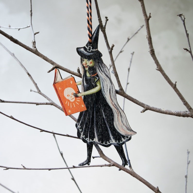 🎃Witch with a spell book wooden hanging ornament