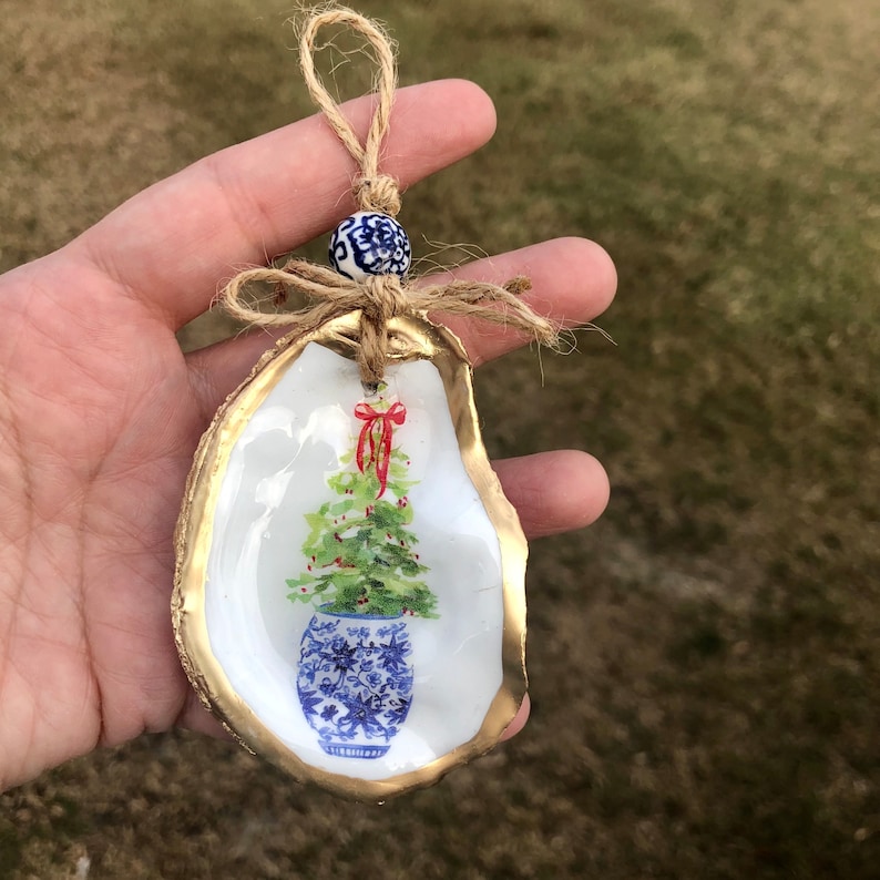 Handmade Blue and White Porcelain Oyster Shell Christmas Ornament