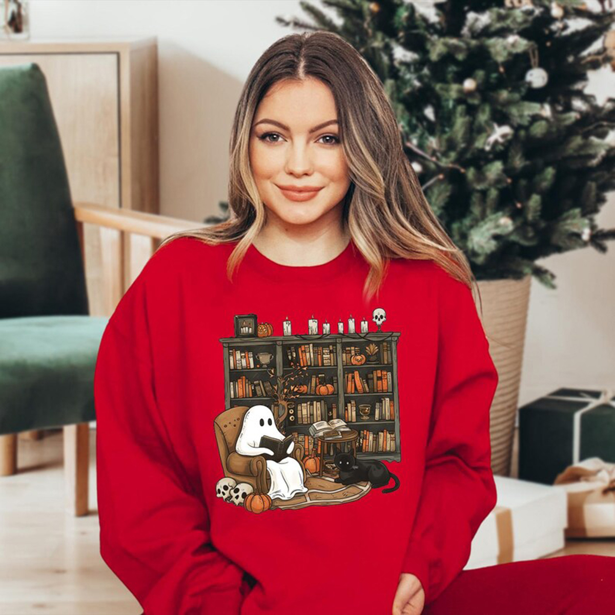 Retro Ghost Reading Books Sweatshirt 