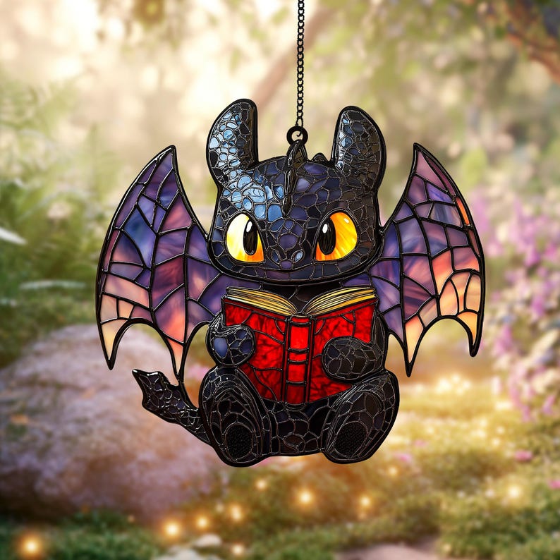 Cute Dragon Read Book Faux Stained Glass Suncatcher