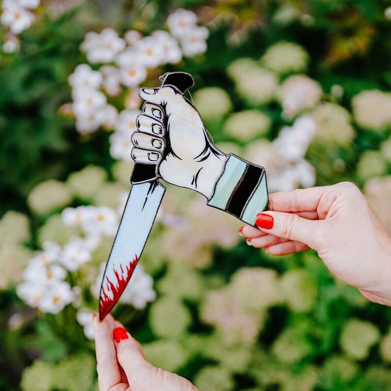 Creepy hand with knife Stained glass Halloween suncatcher