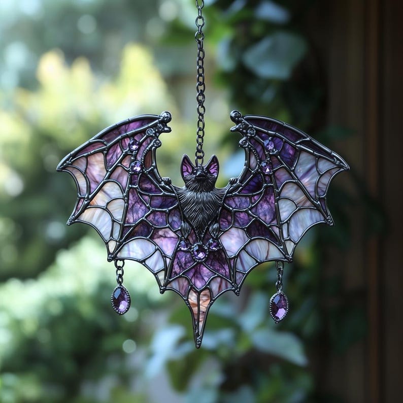 Purple Floral Bat Acrylic Suncatcher